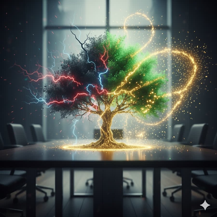 Árbol mitad seco y mitad luminoso sobre una mesa de reuniones