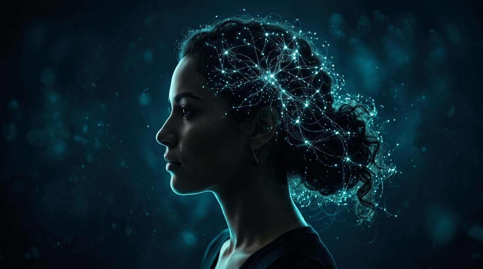 Perfil de una persona con una red neuronal luminosa en la cabeza